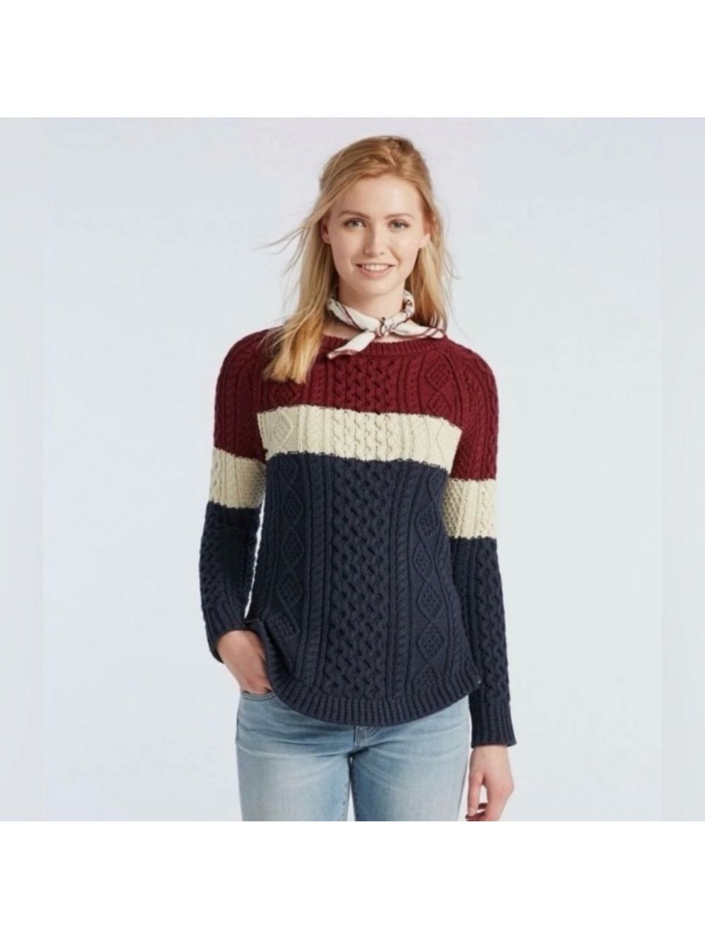 LL Bean Signature Cable Knit Colorblock Sweater Small Fisherman Red White Blue